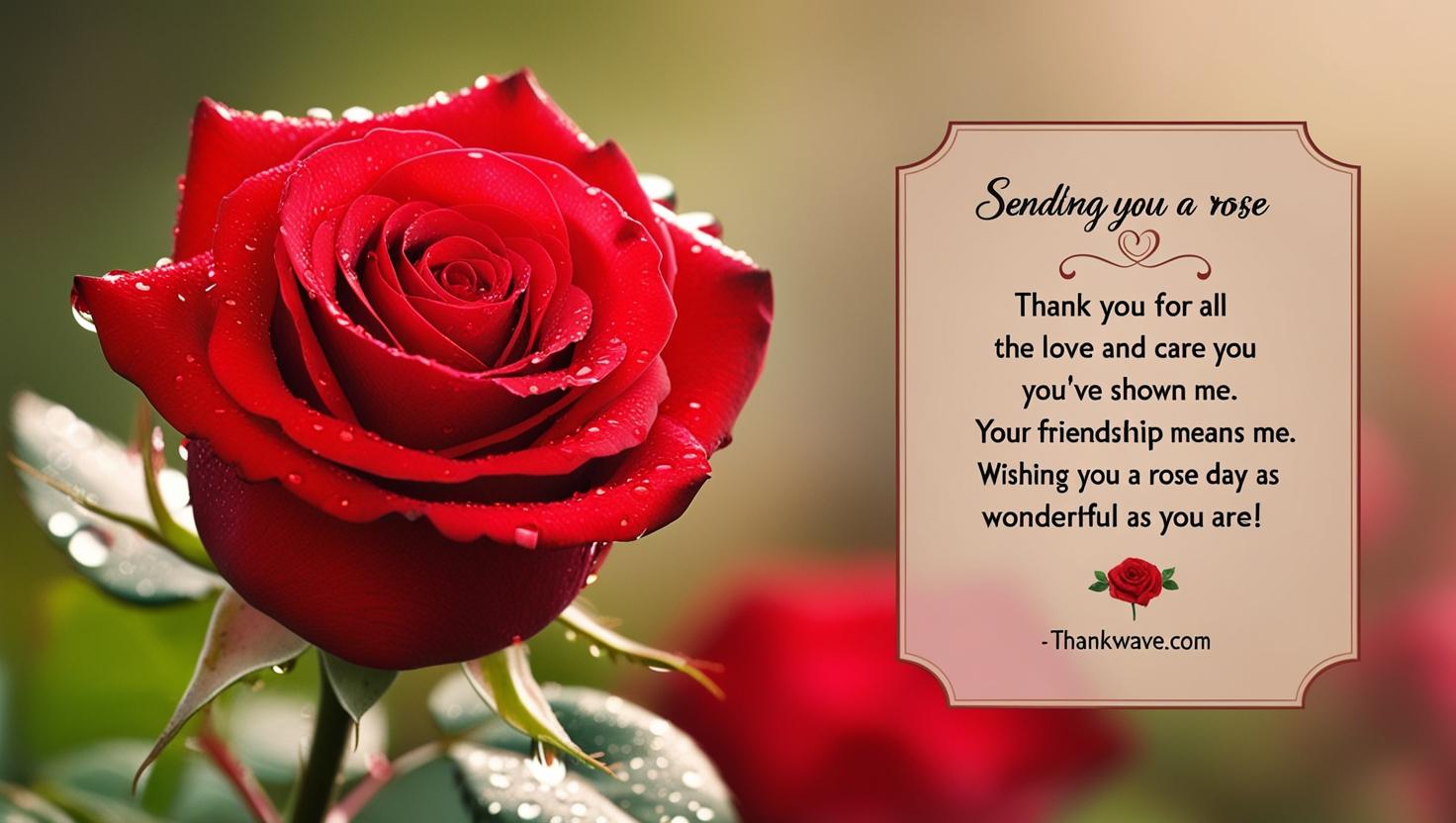 “Sending you a rose to thank you for all the love and care you’ve shown me. Your friendship means the world to me. Wishing you a Rose Day as wonderful as you are!”