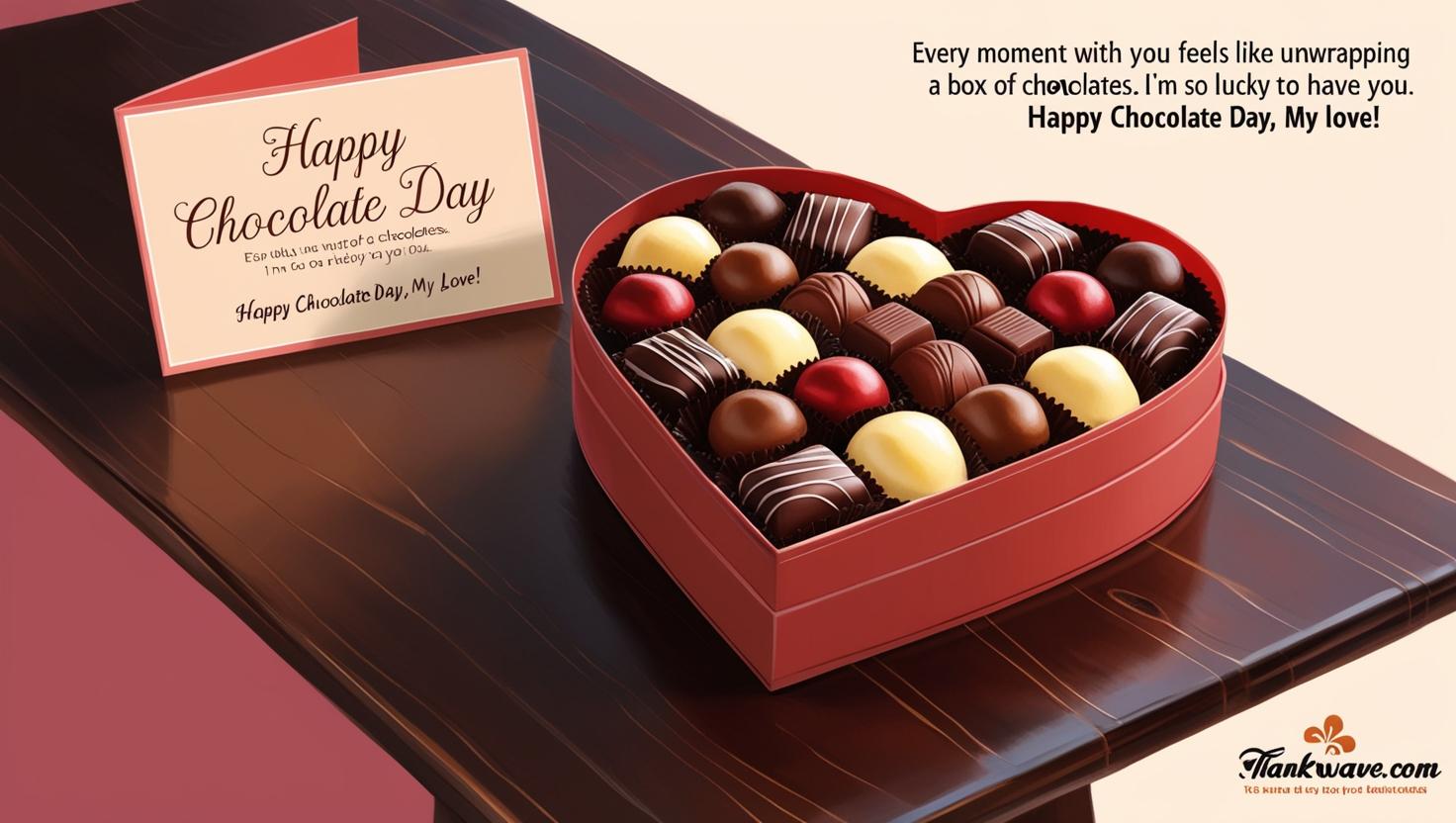 "Every moment with you feels like unwrapping a box of chocolates. I’m so lucky to have you. Happy Chocolate Day, my love!"