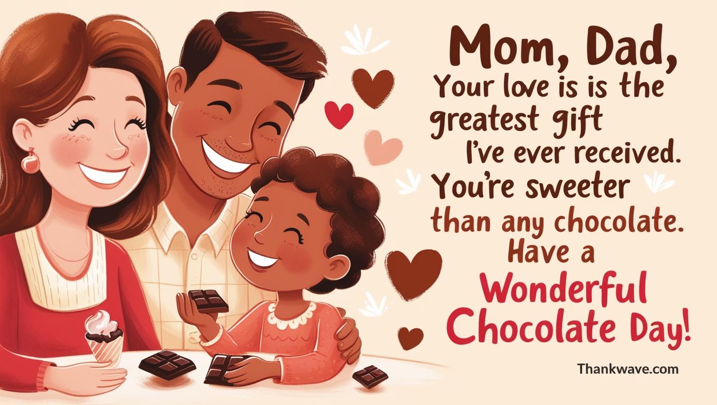 "Mom, Dad, your love is the greatest gift I’ve ever received. You’re sweeter than any chocolate. Have a wonderful Chocolate Day!"