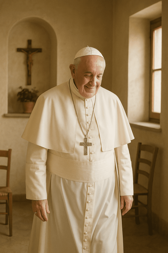 Pope Francis, wearing simple white papal robes, walks peacefully through a modest room with natural light streaming in. His expression is gentle and humble, and the setting includes plain chairs, a wooden crucifix, and a potted plant, reflecting his lifestyle of simplicity and serenity.