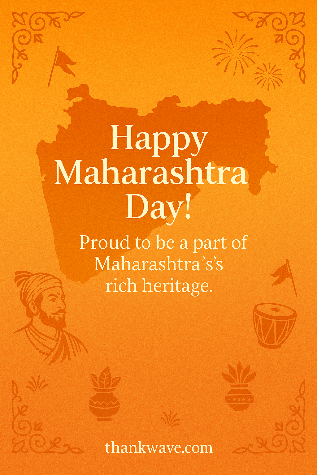 Happy Maharashtra Day digital graphic with Marathi cultural elements and thankwave.com branding