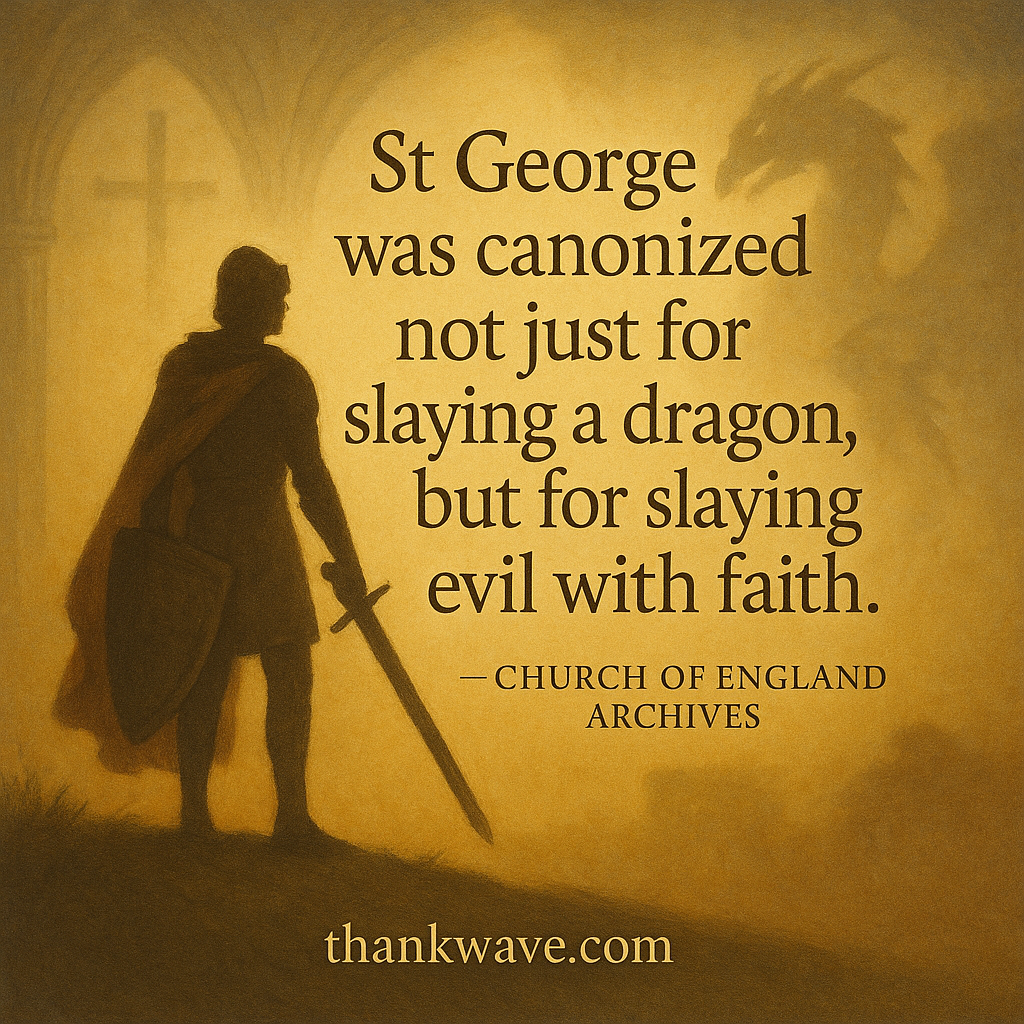  A reverent 2D digital illustration depicting the silhouette of St. George holding a sword and shield, standing in a golden medieval setting. A faint dragon appears in the background mist, and a cross is subtly visible in an arched window. The quote reads, “St George was canonized not just for slaying a dragon, but for slaying evil with faith.” — Church of England Archives. The website thankwave.com appears at the bottom.