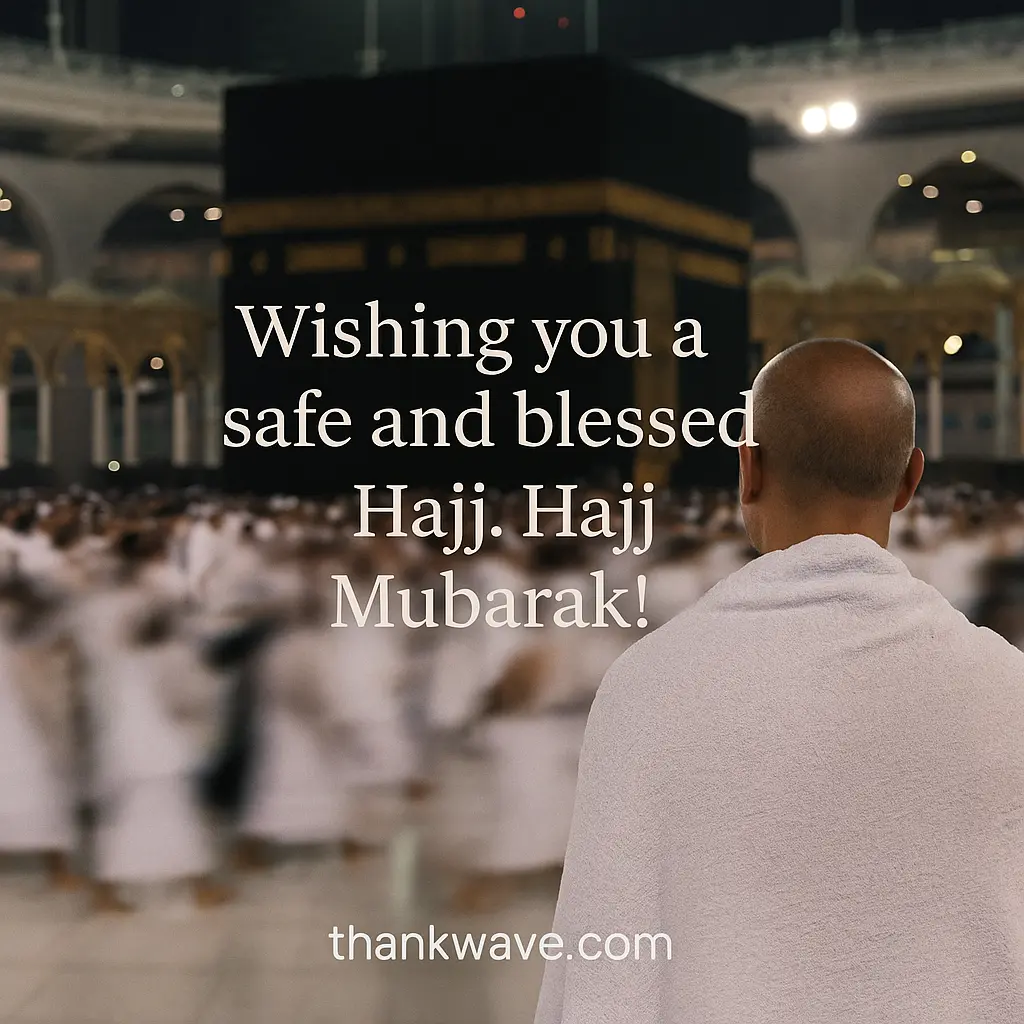 A pilgrim in white ihram facing the Kaaba with worshippers circling during Hajj, overlaid with the message "Wishing you a safe and blessed Hajj. Hajj Mubarak!" and the site name thankwave.com.