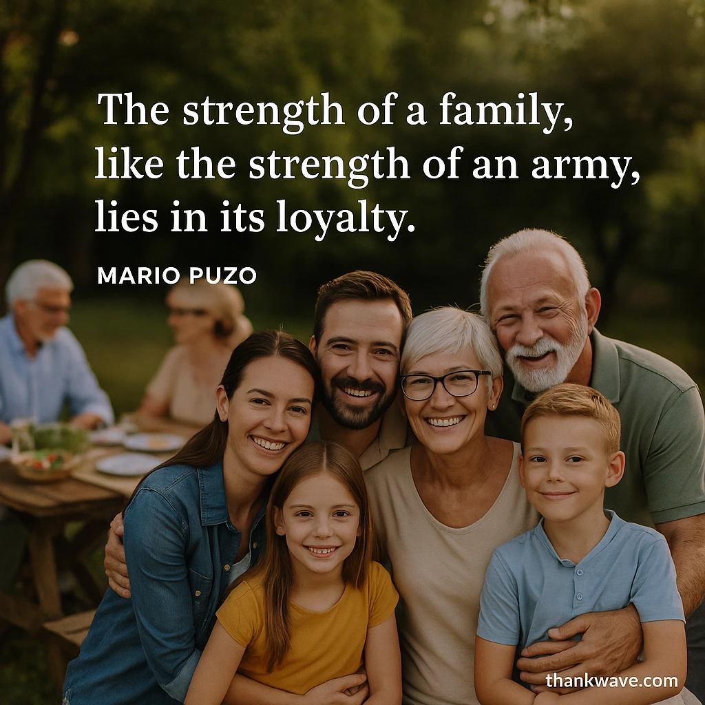 A multigenerational family smiles together at an outdoor gathering, with a quote by Mario Puzo overlaid: The strength of a family, like the strength of an army, lies in its loyalty. The scene is warm and joyful, with a picnic table in the background and the website thankwave.com at the bottom