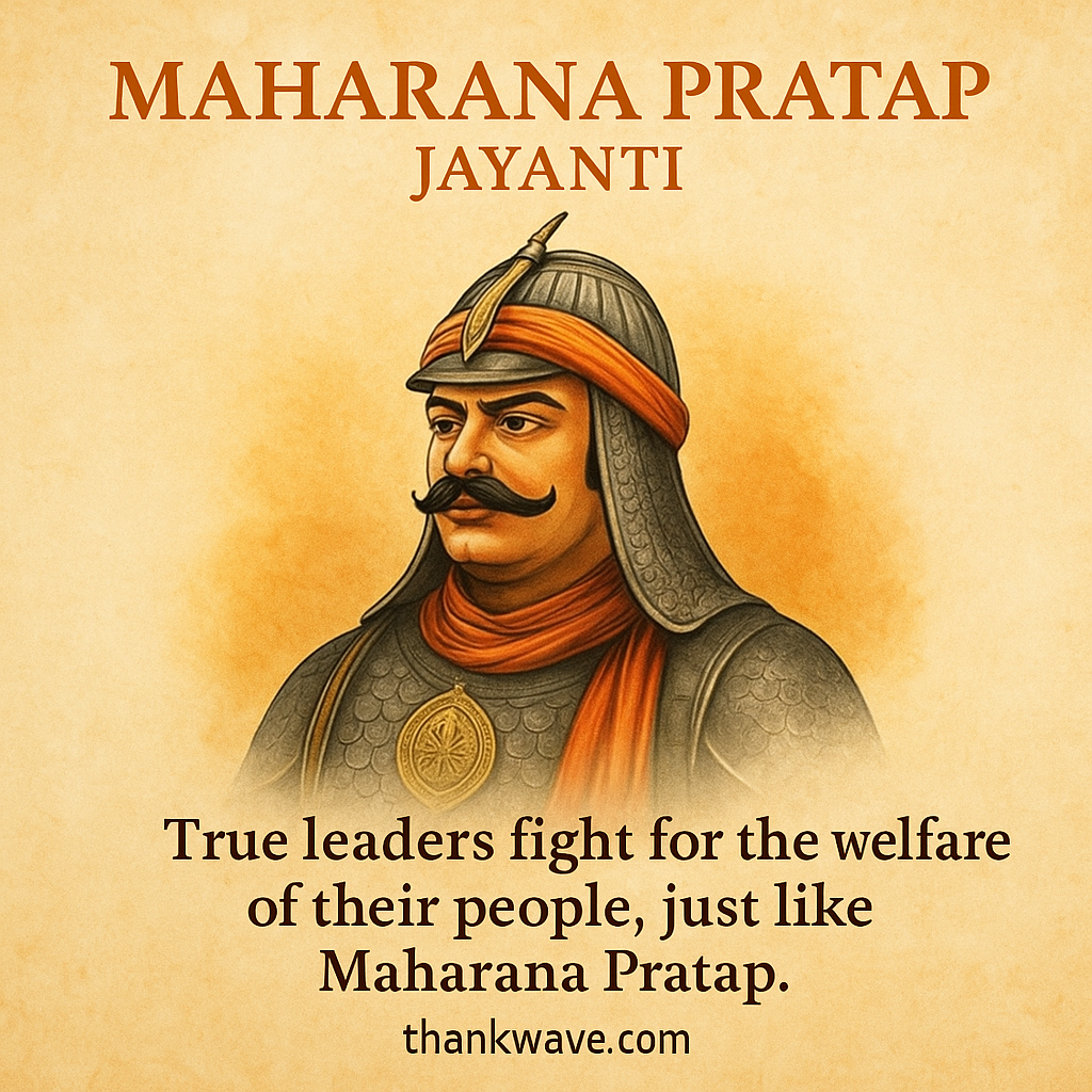 Illustration of Maharana Pratap in traditional armor with the quote: 'True leaders fight for the welfare of their people, just like Maharana Pratap.' and thankwave.com at the bottom.