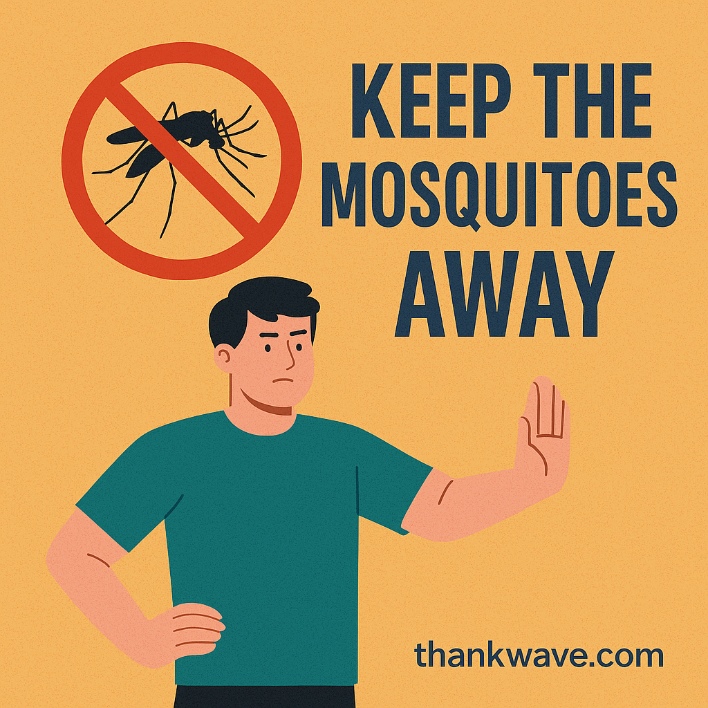 Public health poster promoting dengue prevention with the message 'Protect Yourself from Dengue' and 'Keep the Mosquitoes Away', featuring mosquito graphics and health tips. Website: thankwave.com