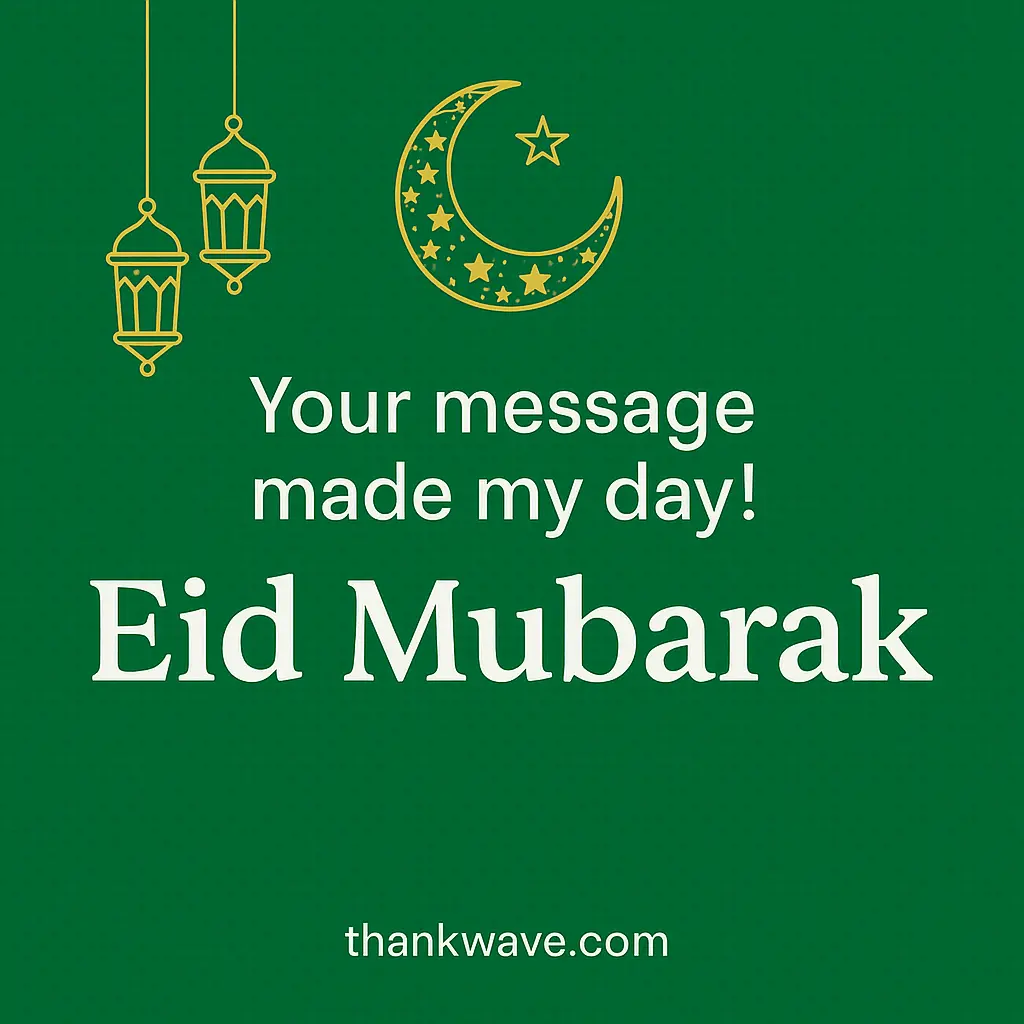 Eid Mubarak greeting card with thank you message and crescent moon design