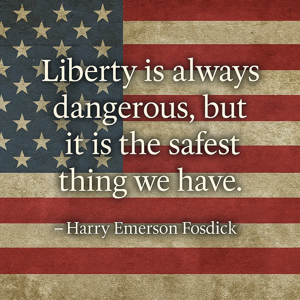 Quote by Harry Emerson Fosdick on liberty, set against the U.S. flag background – perfect for 4th of July and Independence Day celebrations.