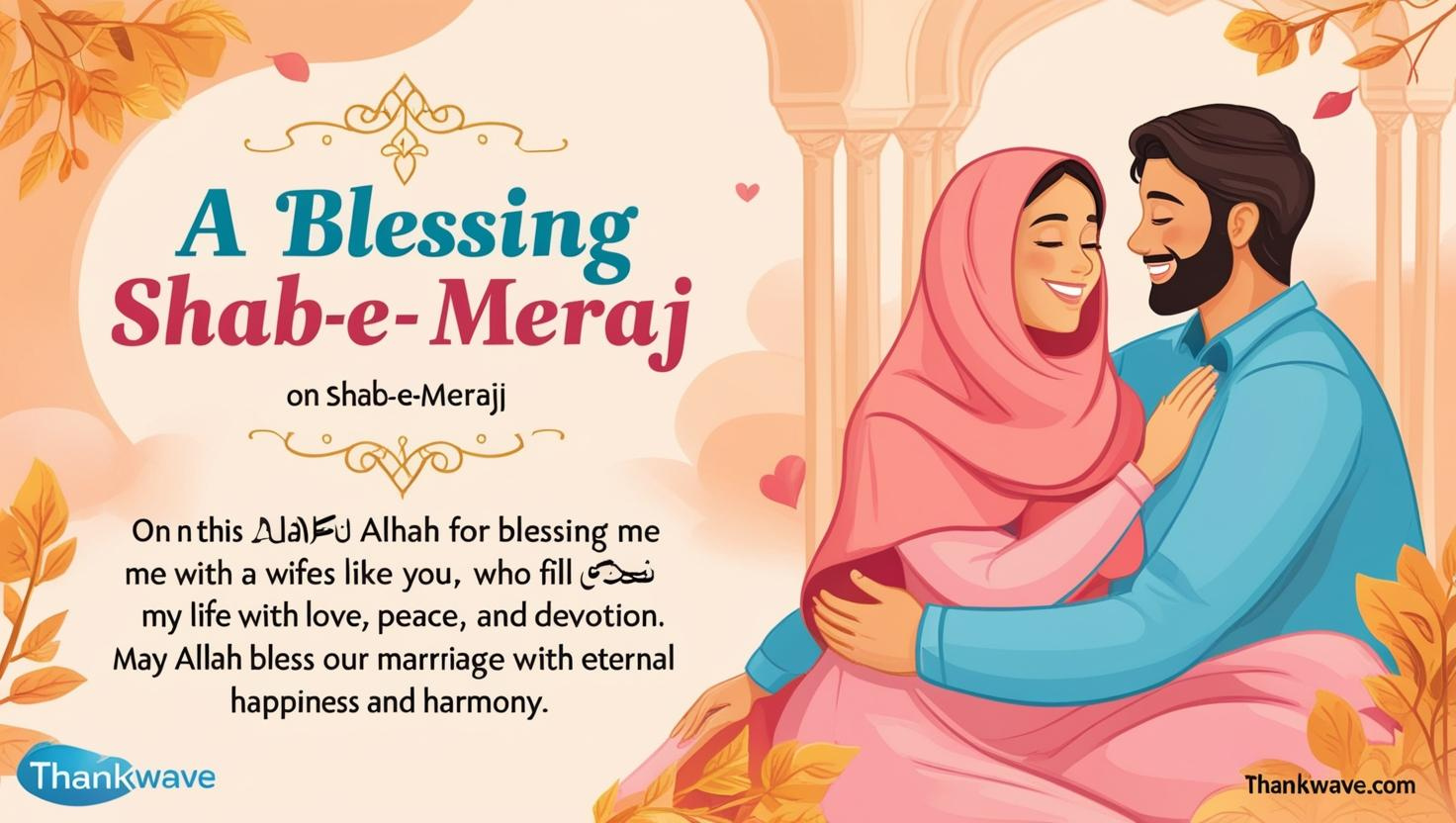 On this blessed Shab-e-Meraj, I thank Allah for blessing me with a wife like you, who fills my life with love, peace, and devotion. May Allah bless our marriage with eternal happiness and harmony.