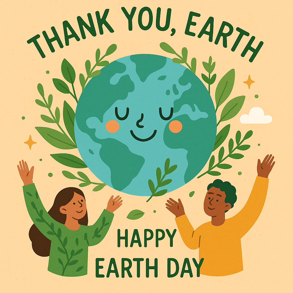 Flat-style digital illustration of Earth Day showing people planting trees, holding hearts, and celebrating nature with a smiling planet Earth in the center.