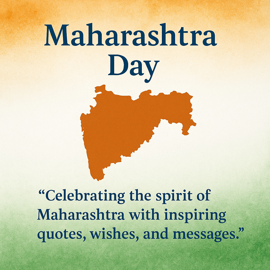 Maharashtra Day digital design featuring an orange silhouette of the state, with "Maharashtra Day" text and an inspiring quote about Maharashtra's spirit.