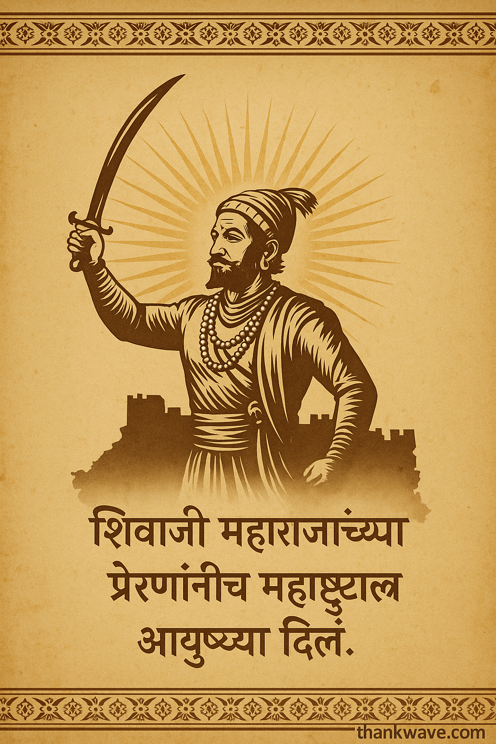 Marathi quote image with Shivaji Maharaj illustration for Maharashtra Day with thankwave.com branding