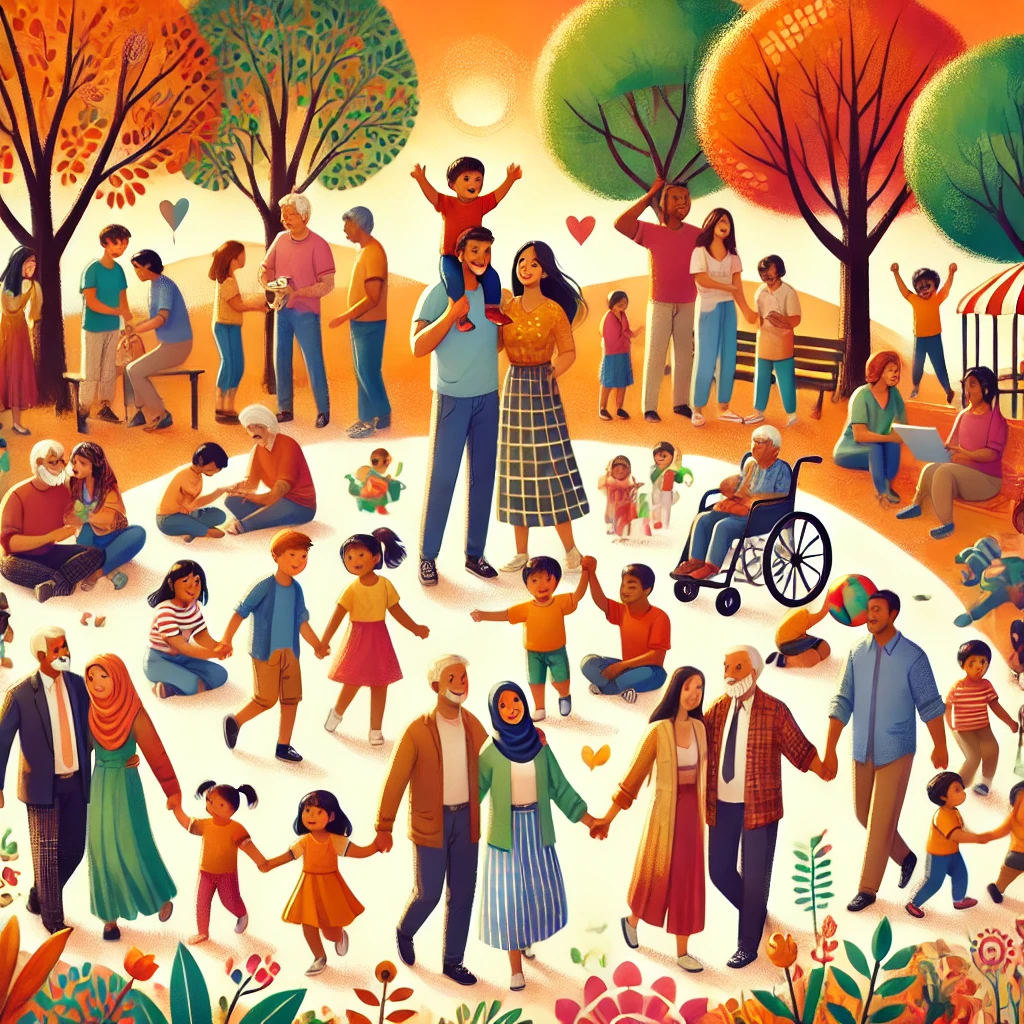 A warm heartwarming illustration celebrating families from different cultures around the world