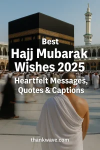 A pilgrim in white ihram facing the Kaaba, with crowds moving in tawaf, overlaid with the title “ Best Hajj Mubarak Wishes 2025 | Heartfelt Messages, Quotes & Captions and the site name thankwave.com