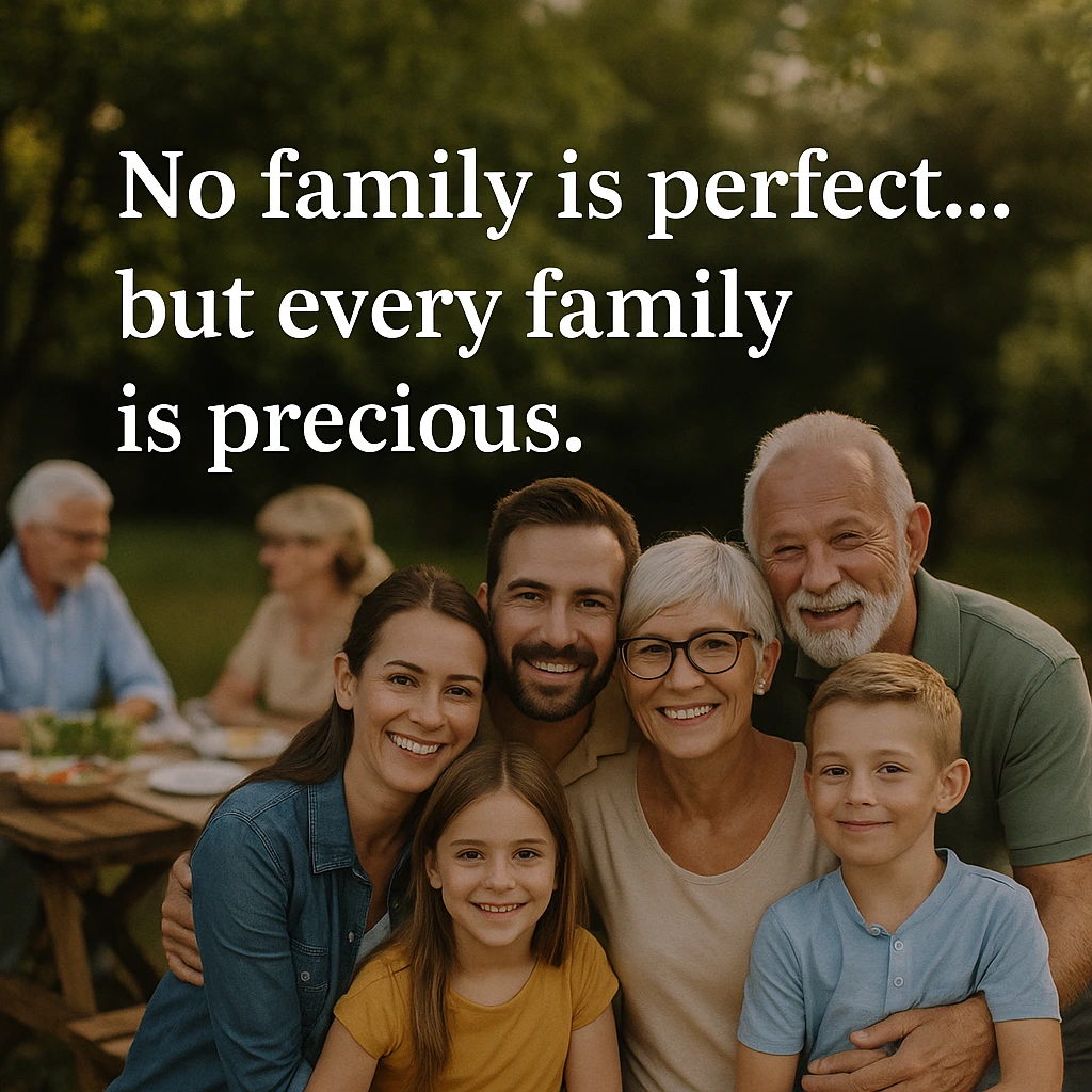  A joyful multigenerational family poses together at an outdoor gathering in a sunlit backyard, with the quote “No family is perfect... but every family is precious.” written above. The family radiates warmth and connection, with picnic tables and trees in the background