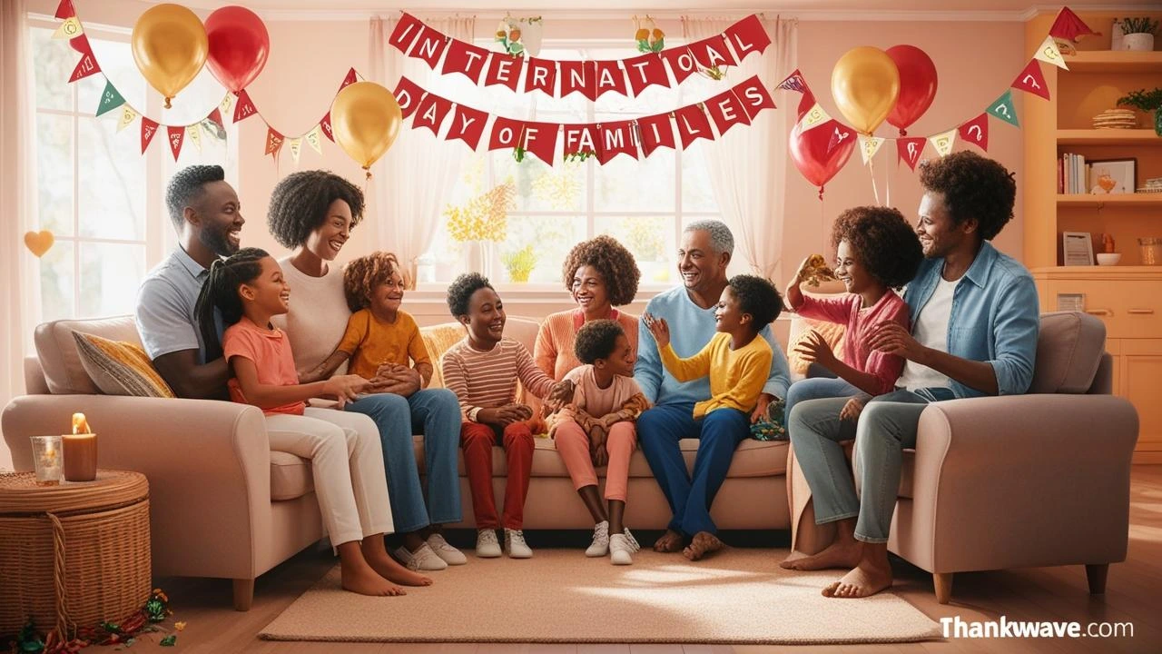 A joyful multigenerational Black family gathers in a brightly lit living room, celebrating the International Day of Families with balloons, banners, and laughter. Children and adults sit on couches, smiling and talking, surrounded by festive decorations. The banner above reads “International Day of Families,” and the bottom corner includes the website thankwave.com