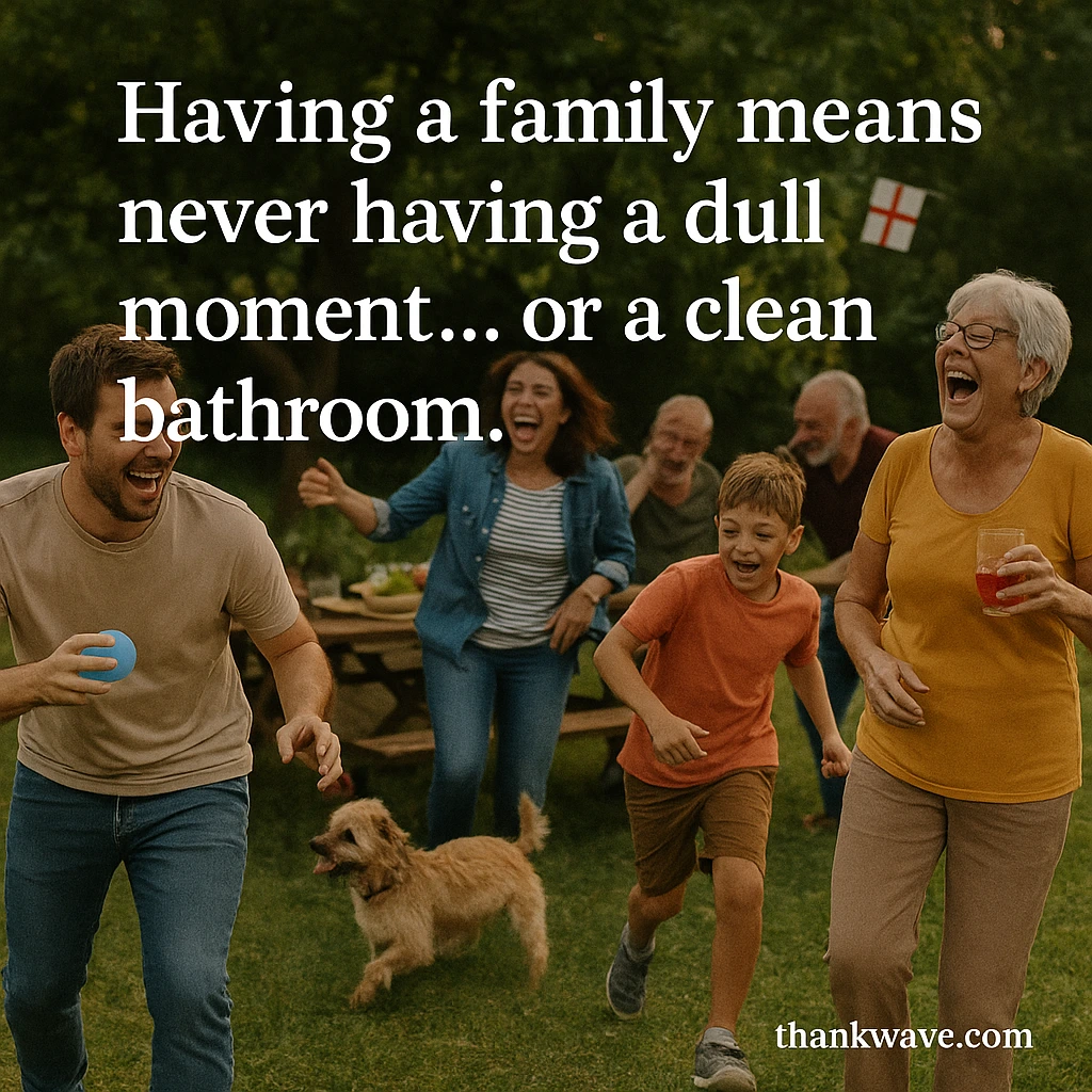  A playful family gathering in a sunny backyard shows adults and kids laughing and running, with a dog joining the fun. The quote “Having a family means never having a dull moment... or a clean bathroom.” is overlaid, adding humor to the joyful chaos. The website thankwave.com appears at the bottom