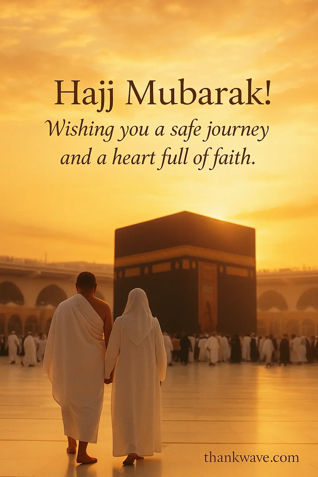 A couple in ihram walking hand in hand toward the Kaaba during sunset, with the message “Hajj Mubarak! Wishing you a safe journey and a heart full of faith.” and the site name thankwave.com.