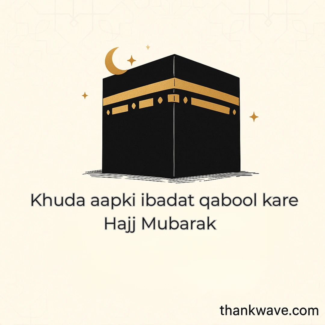 Kaaba illustration with message in Roman Urdu: Khuda aapki ibadat qabool kare. Hajj Mubarak.