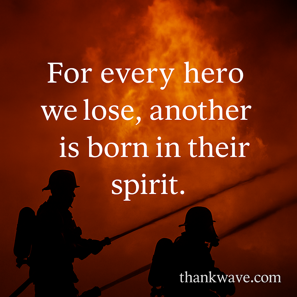 Tribute quote image for fallen firefighters with a silhouette of firefighters in front of flames and the quote, “For every hero we lose, another is born in their spirit” — thankwave.com