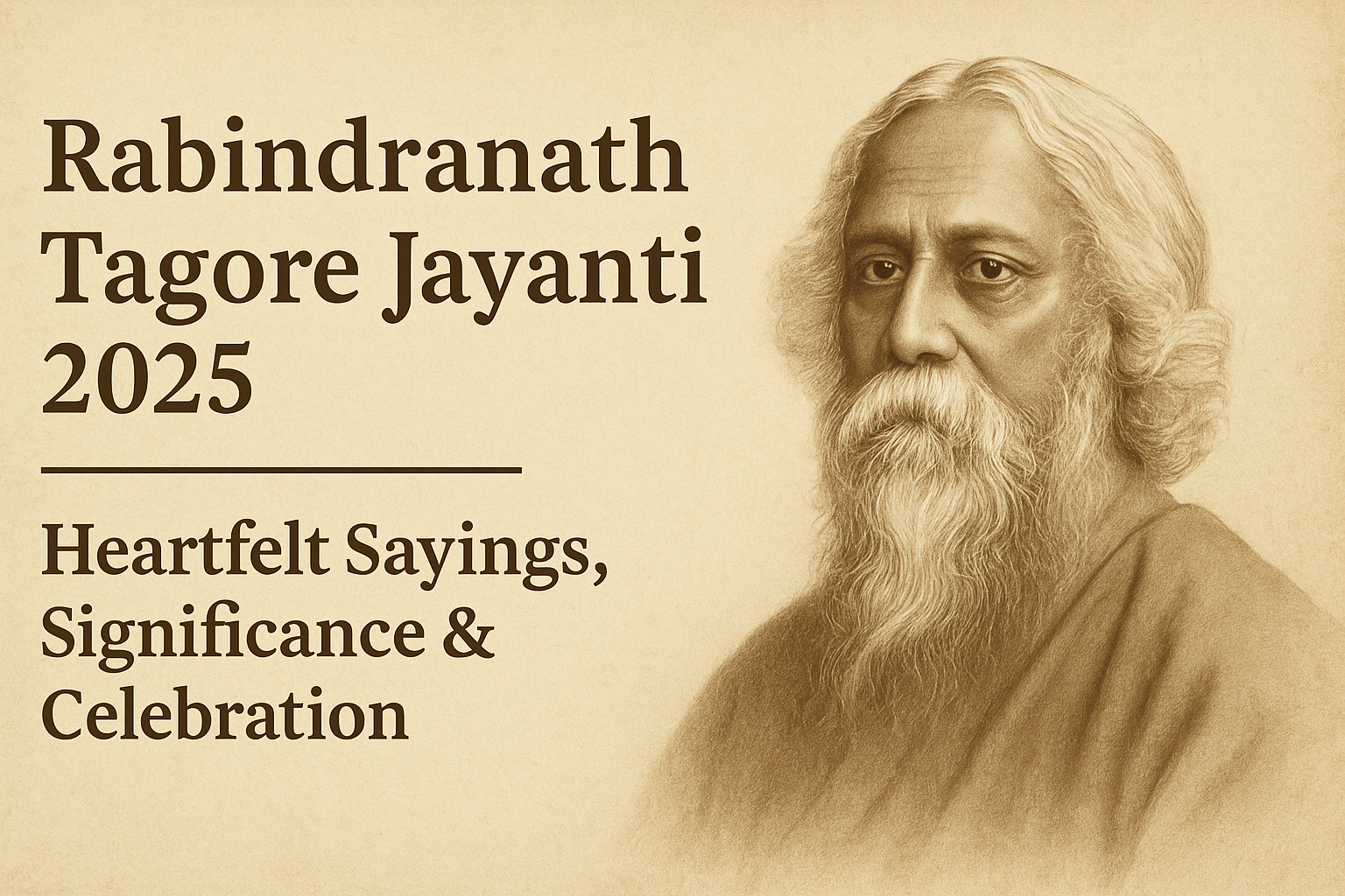 Portrait of Rabindranath Tagore with text "Rabindranath Tagore Jayanti 2025 – Heartfelt Sayings, Significance & Celebration" on a sepia-toned background.