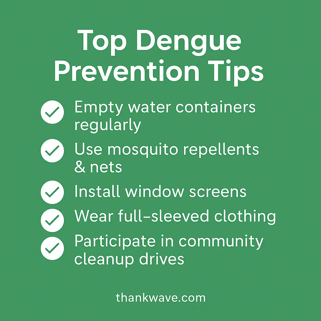 Top Dengue Prevention Tips checklist with five key safety measures on a green background