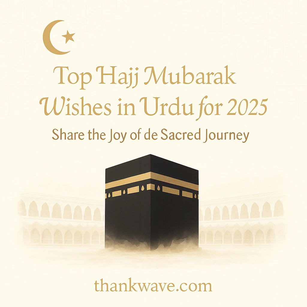 Kaaba illustration with text: Top Hajj Mubarak Wishes in Urdu for 2025 – Share the Joy of the Sacred Journey by thankwave.com