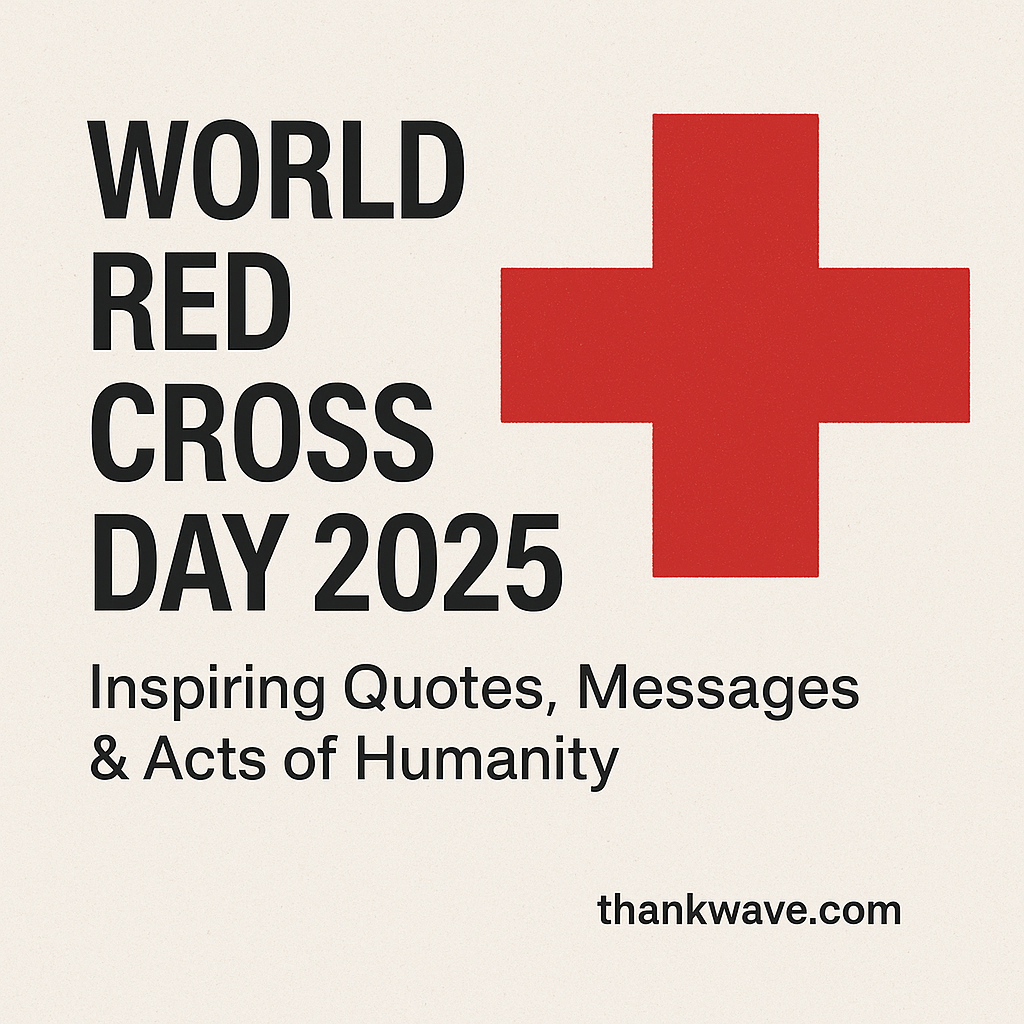 A promotional image for World Red Cross Day 2025 with a bold red cross on a beige background, featuring the text “World Red Cross Day 2025: Inspiring Quotes, Messages & Acts of Humanity” and the website thankwave.com at the bottom
