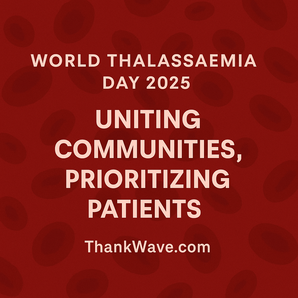 World Thalassaemia Day 2025 graphic with the theme 'Uniting Communities, Prioritizing Patients' on a red blood cell background featuring ThankWave.com