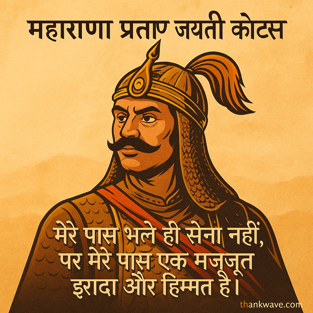 Maharana Pratap Jayanti quote in Hindi with a traditional illustration of Maharana Pratap and the text: 'मेरे पास भले ही सेना नहीं, पर मेरे पास एक मजबूत इरादा और हिम्मत है।' and thankwave.com at the bottom.