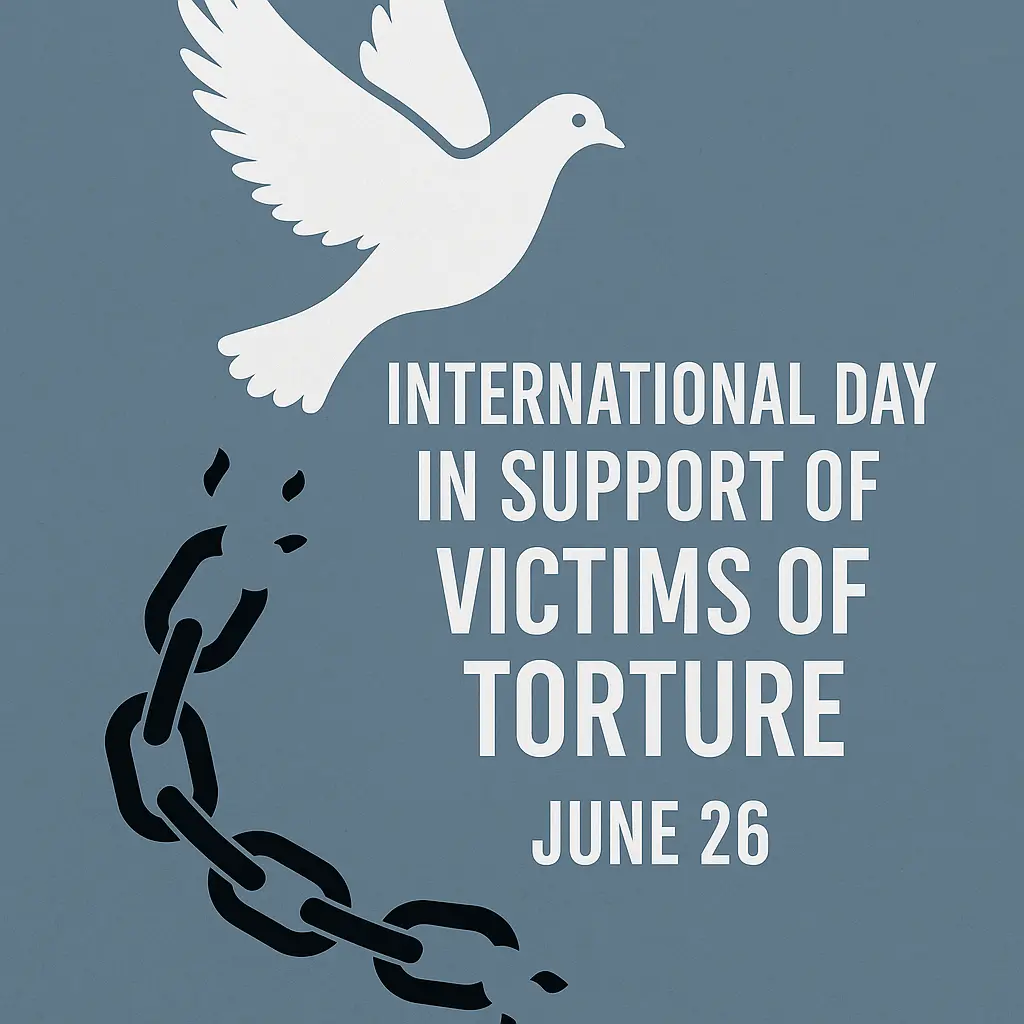 A symbolic illustration of a white dove breaking free from black chains, representing peace and freedom, alongside the text “International Day in Support of Victims of Torture – June 26” on a muted blue background.