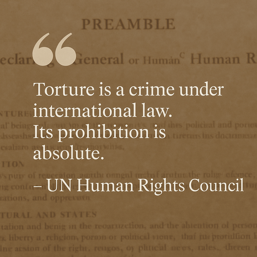 A powerful quote from the UN Human Rights Council reads, “Torture is a crime under international law. Its prohibition is absolute,” overlaid on the Universal Declaration of Human Rights background with sepia tones.