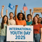 Diverse group of happy young people raising hands with flags and banners celebrating International Youth Day 2025